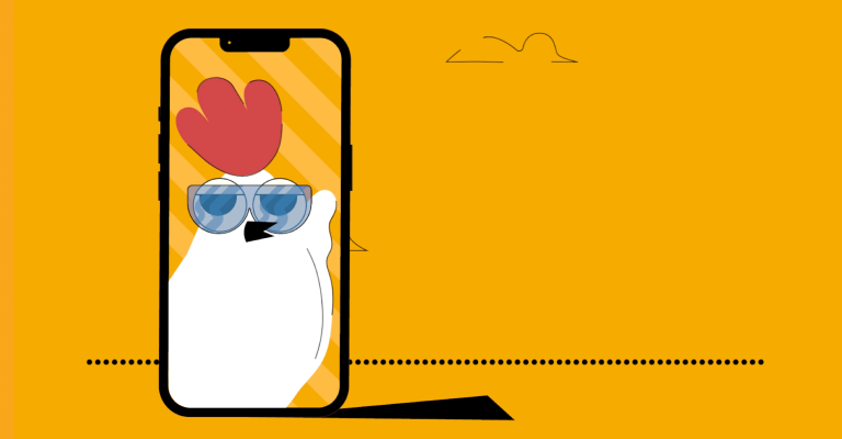 Karikatūras stila vista ar saulesbrillēm redzama viedtālruņa ekrānā, fonā oranžas svītras un vienkārši putnu zīmējumi debesīs